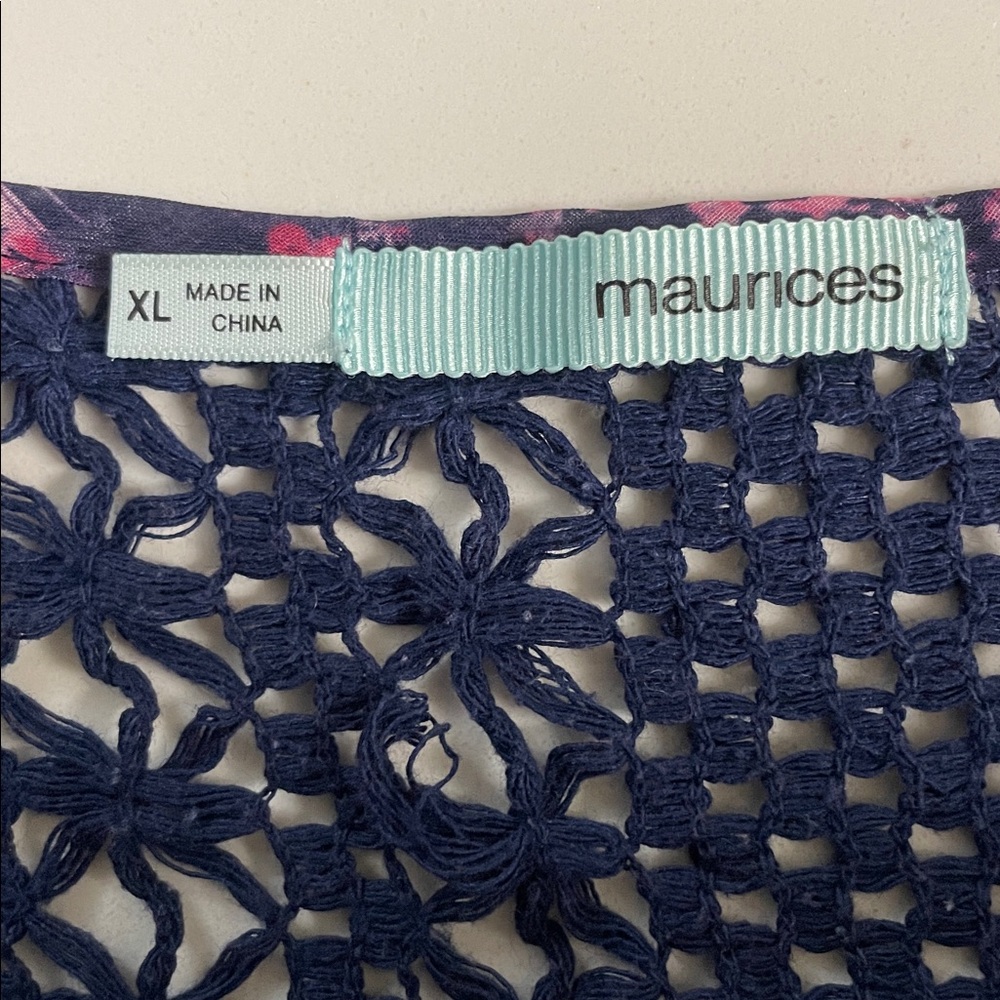 Maurices Shirt Women's Size XL Navy Blue Multicolor Sheer Waist Tie Cap Sleeve - Picture 6 of 8